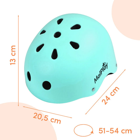 Dziecięcy kask rowerowy / na rolki – regulowany, turkusowy, z wentylacją, lekki, obwód głowy 48–54 cm.