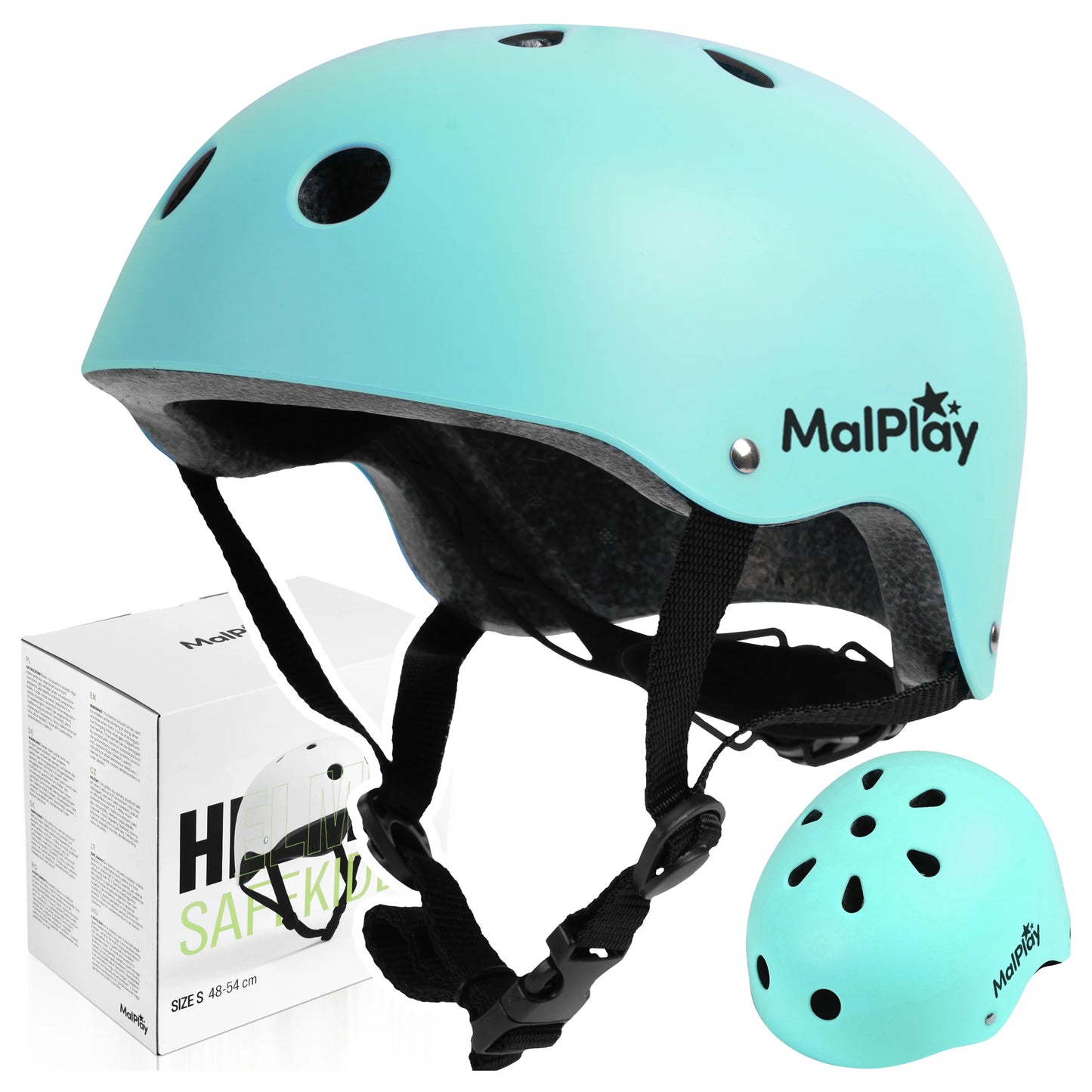 Dziecięcy kask rowerowy / na rolki – regulowany, turkusowy, z wentylacją, lekki, obwód głowy 48–54 cm.